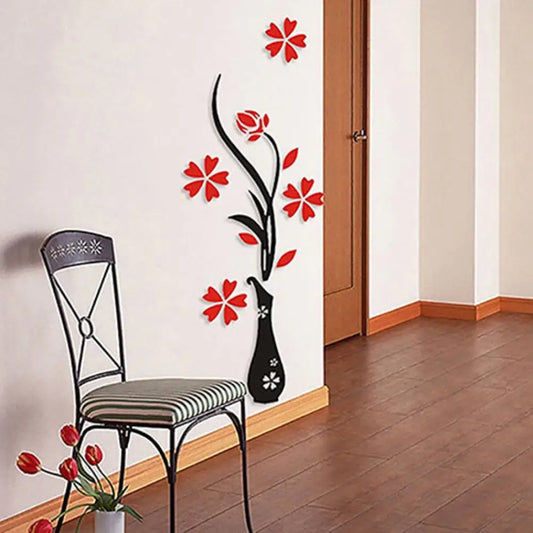 Vase in Red and Black Color - Wooden Wall Decoration, 12x32 Inches, Acrylic Wall Art with Plum Flower Design