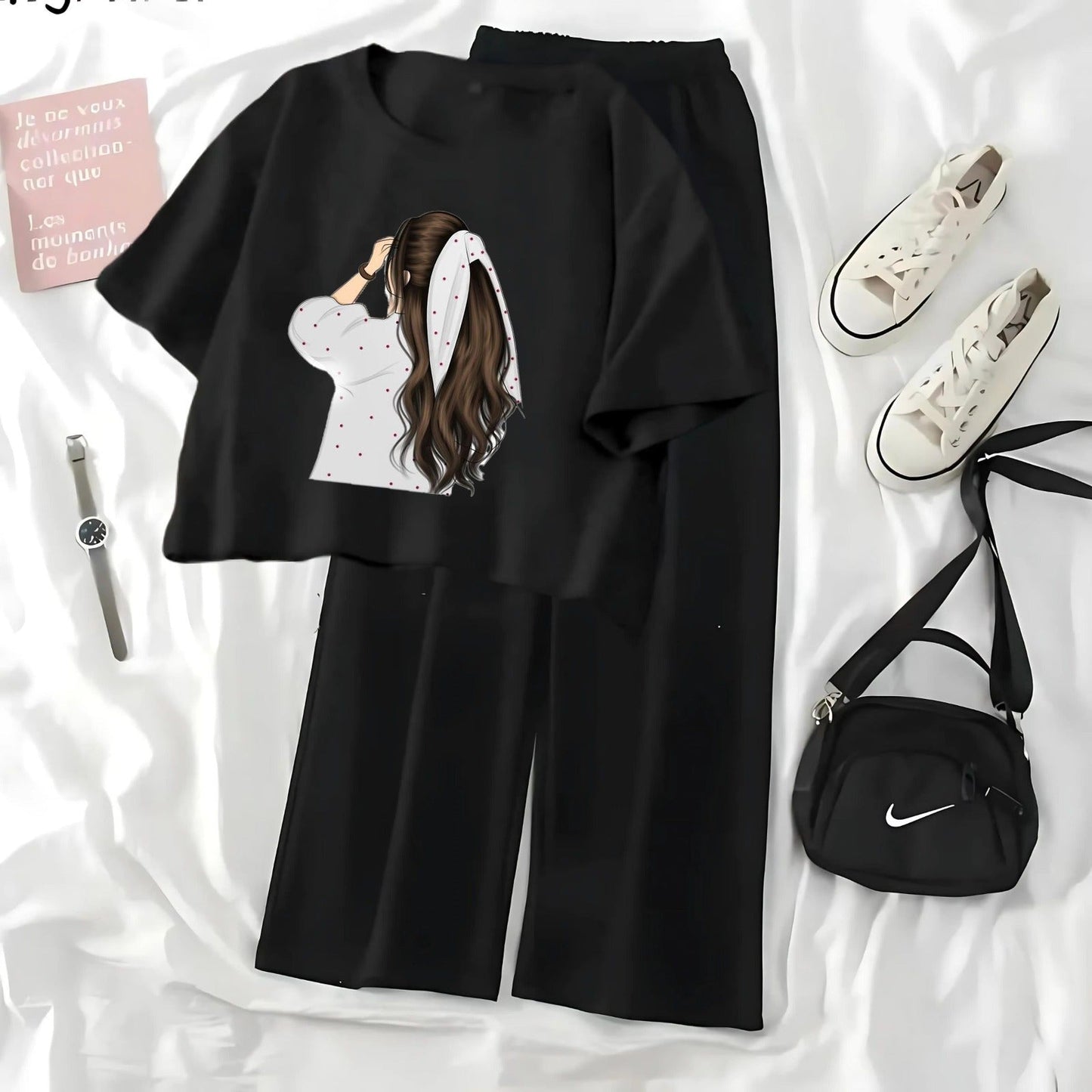 Summer High Quality Printed Crop top and Black Flapper Suit